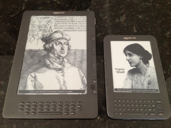 Spot the difference: Kindle DX (left) and my trusty Kindle Keyboard (right)