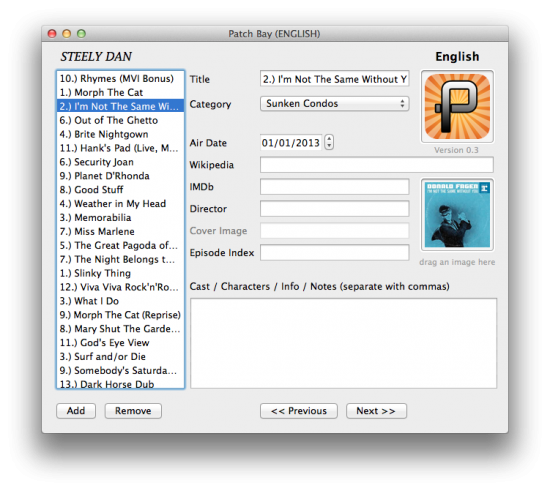 PatchBay's main data entry window.