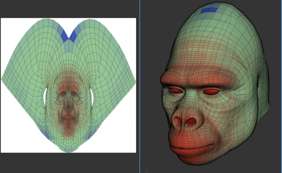 Example of UV Mapping: Left is the flat stretched out 2D image, which is wrapped around the 3D object on the right. Each point and face in 2D corresponds to a counterpart in 3D space.