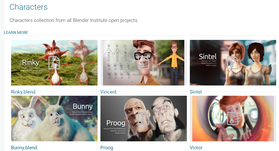 Some of the characters to download from The Blender Cloud