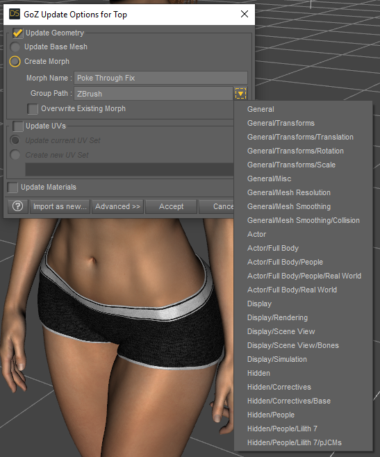 saving changes made to daz clothing in zbrush